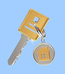 Key and round key chain with house isolated on a white background
