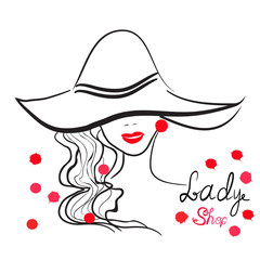 hand drawn portrait of stylish girl in hat. Good for shop logo,magazine cover, journal article, print, packaging design.