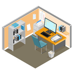Fototapeta na wymiar Vector illustration of an Isometric desk with office equipment and furniture. Office work Cubical with Computer - business concept.