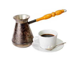 Coffee pot and cup of coffee isolated on white
