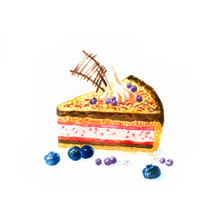 the new and fresh delicious cake with berries triangular piece watercolor hand drawn isolated on the white background