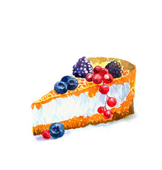 the new and fresh delicious cake with berries triangular piece watercolor hand drawn isolated on the white background