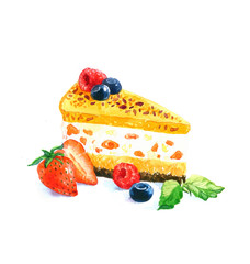 the new and fresh delicious cake with berries triangular piece watercolor hand drawn isolated on the white background