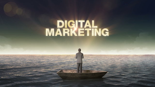 Rising typo DIGITAL MARKETING, front of Businessman on a ship, in the ocean, sea.
