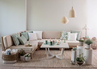 corner sofa with many pillows