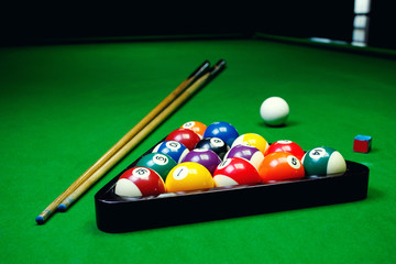 Billiard balls pool on green table