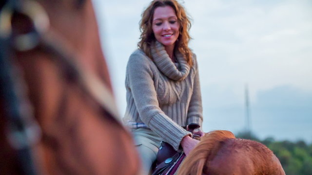 Smiling beautiful woman patting the horse on the back