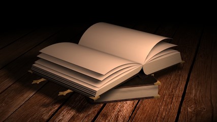 empty open old leather book on wooden table in candlelight