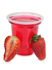 Jam in glass with raw fruit on white background