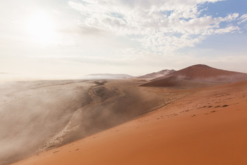 The fog retreats in the desert of Namibia