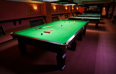 Pool Table, set up for  game 