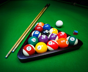 Billiard balls pool on green table
