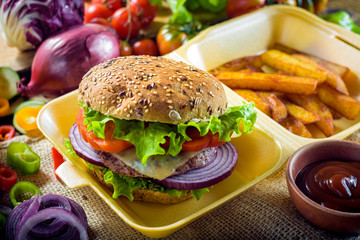 Tasty and fragrant hamburger meat in a healthy integral bread. W