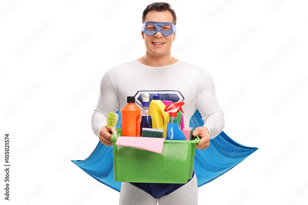 Canvas Prints Superhero holding basket with cleaning products