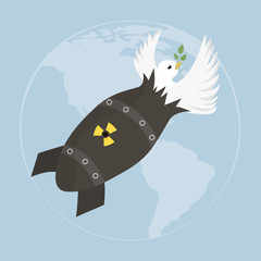 Peace white dove with olive branch. Vector illustration with dove and atomic bomb on blue sky. Template for International peace day