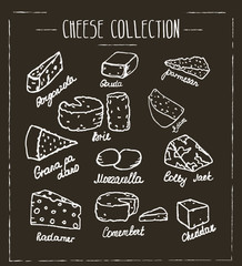 Cheese collection. Hand drawn vector type of cheese on chalk board