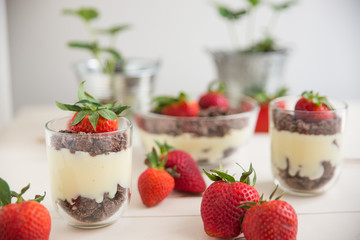 Vanillepudding mit Schokokeksen und Erdbeeren