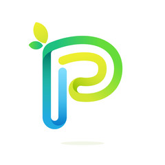 P letter with green leaves eco logo.