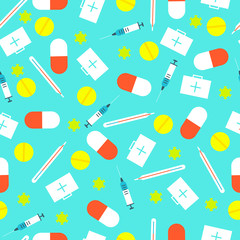 Medicine seamless pattern made from pills, capsules, first aid kits, syringes, thermometers and bacteria cells. Medical icons. Pharmacy symbols. Pharmaceutical background. Vector Illustration.