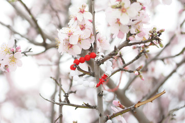Цветущее розовое дерево с весенними украшениями