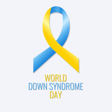 World Down Syndrome Day. Down syndrome awareness sign. Blue and yellow ribbon on white background. Vector illustration.