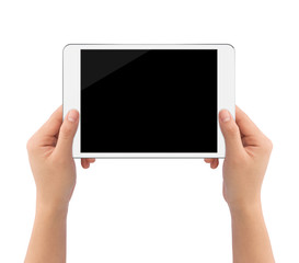 hand holding white tablet isolated on white clipping path inside