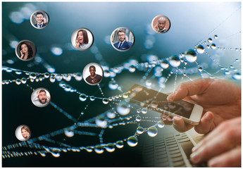 Hand holding modern mobile phone and web subscribers