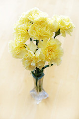 Fresh Spring Flowers Carnations Cup Old Wooden Table Decoration