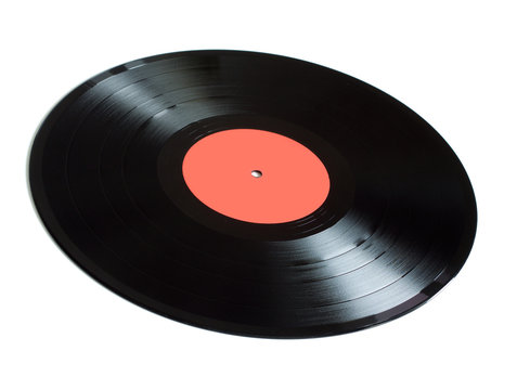 Black long-play vinyl records with red label isolated on white background. Side view closeup
