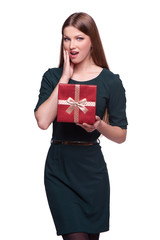 Fototapeta premium Surprised woman with gift box