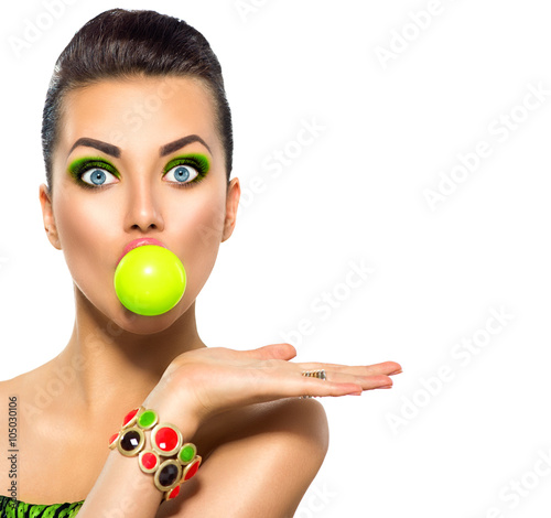 Beauty Funny Model Girl With Green Bubble Of Chewing Gum And