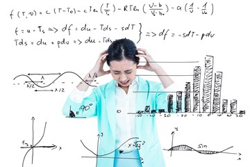 Composite image of worried businesswoman holding her head