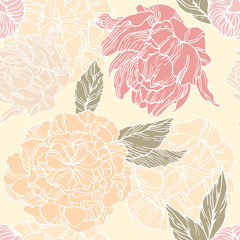 Seamless pattern with blossom and flower bud of peonies 