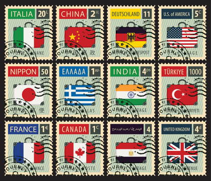set of stamps with a travel suitcase with flags of different countries