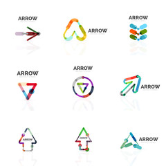 Set of linear arrow abstract logos, connected multicolored segments lines in directional pointer figures