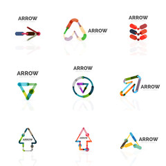 Set of linear arrow abstract logos, connected multicolored segments lines in directional pointer figures