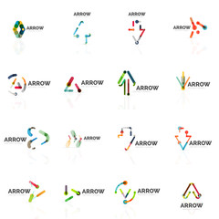 Set of linear arrow abstract logos, connected multicolored segments lines in directional pointer figures