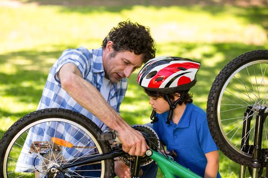 Father And Son Fixing The Bike