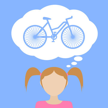 Girl dream about bicycle. Flat vector illustration.