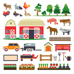 Set of elements for farm. Farm building, animals, plants, vegeta