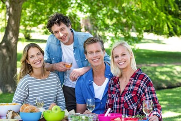Friends having a picnic with wine