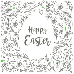 Happy Easter vector illustration. White silhouette of Easter egg on the hand drawing background made from leaves. 