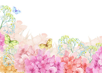 Fototapety  szablon na gratulacje, pocztówkę ilustracyjną akwarelę, kwiaty i motyle