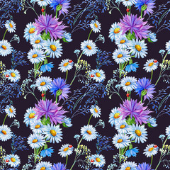 seamless pattern .Illustration watercolor,flowers,wild flowers ,daisies,cornflowers - obrazy, fototapety, plakaty