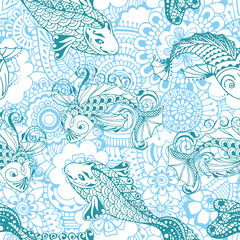 Seamless pattern with fish. Background decorated in an Asian style.