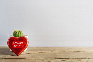 Chocolate Red Heart with cactus. Concept of Valentine Day.