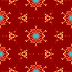 Seamless abstract fractal gold snowflakes or stars on royal red background for ornamental paper design