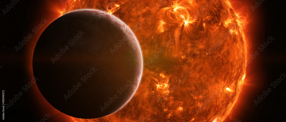Wall mural exploding sun in space close to planet earth