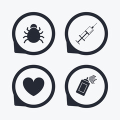 Bug and vaccine signs. Heart, spray can icons