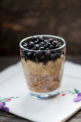 Chia seeds pudding with blueberries in a glass